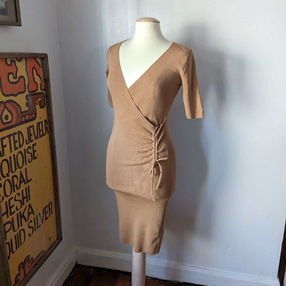 Tan Deep V-Neck Bodycon Cinch Dress Size XS